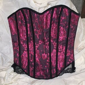 Tesa bright pink and black floral lace corset zipper and tie Sz 32